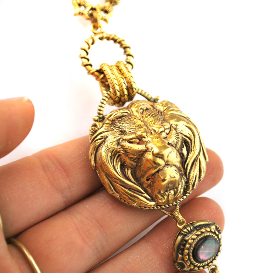 Gold Lion Head Necklace with Charcoal Drop - Image 3