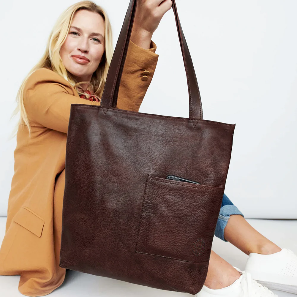 Leather NYPL Bookbinding Stamp Tote in Brown - Image 3